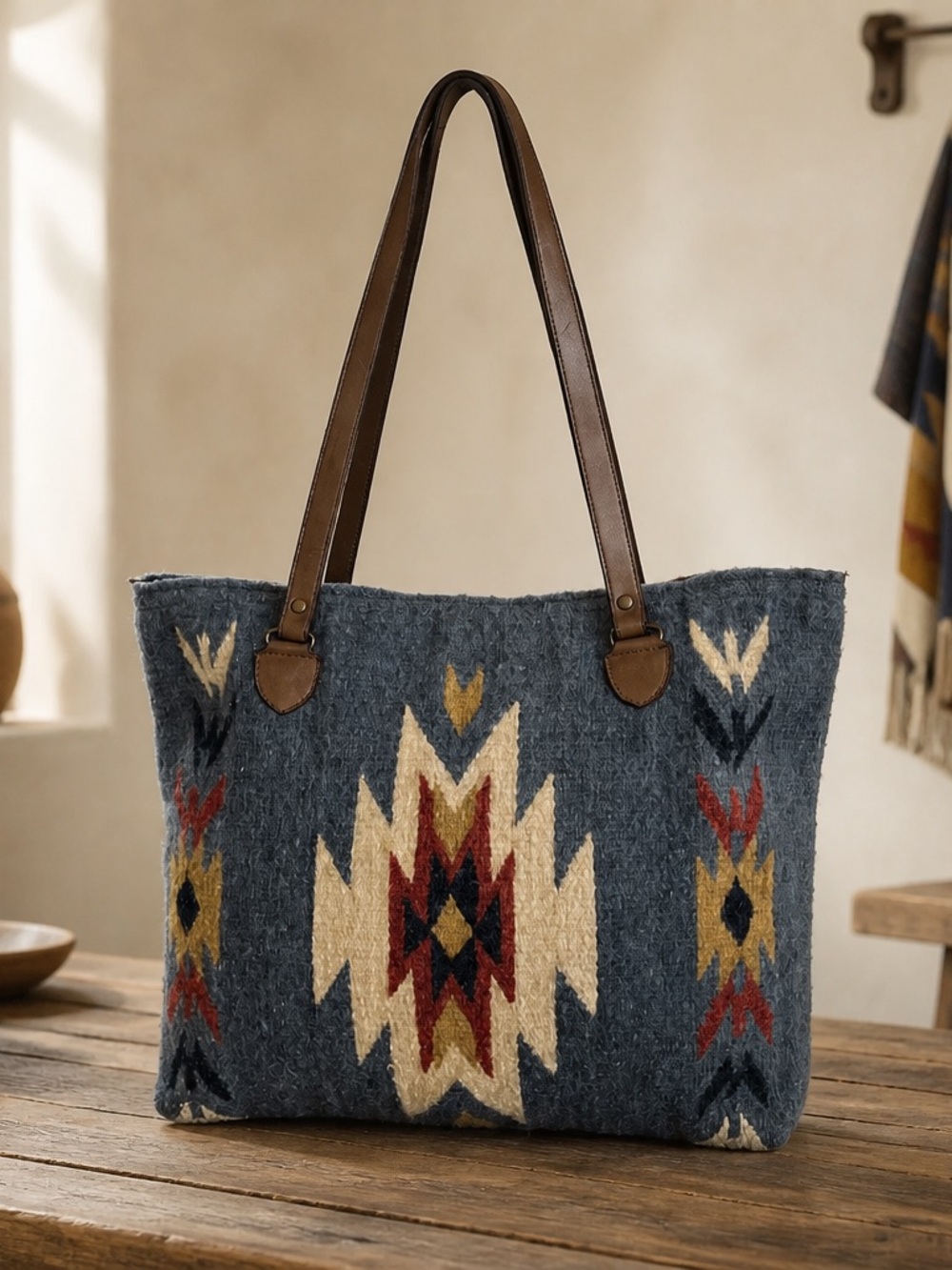 MZ Fair Trade 100% Wool Southwestern Aztec Leather Tote Bag Blue NWT